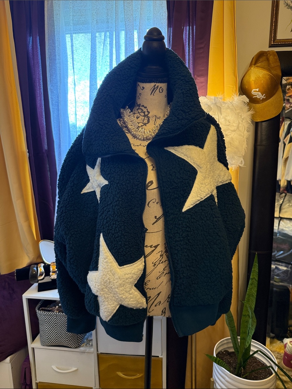 SO Black Sherpa Bomber Jacket with White Star Appliqués